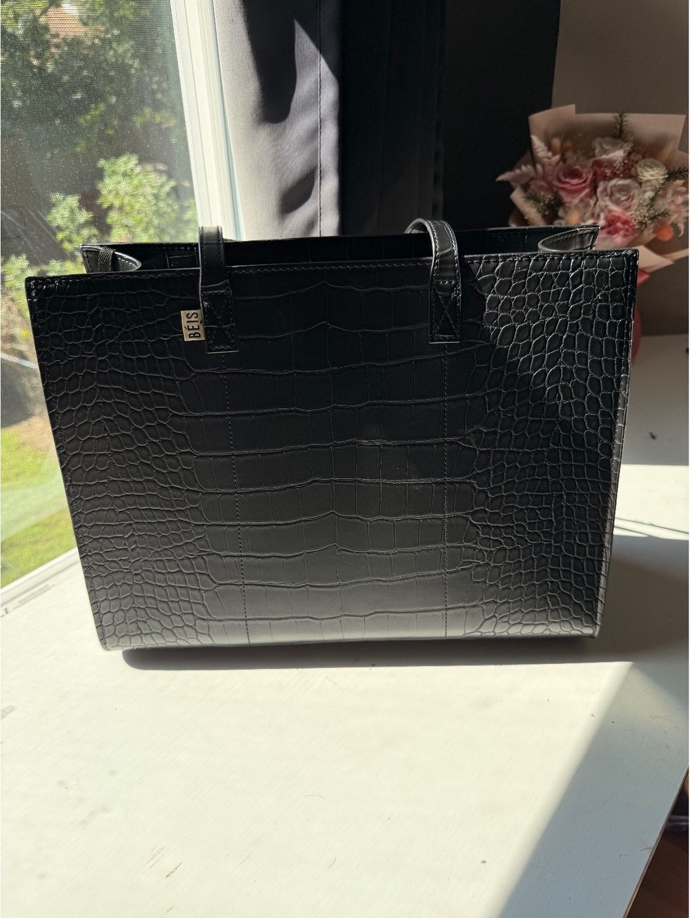 BÉIS Black Croc Embossed Work Tote Bag w/ Removable Zip Pouch
